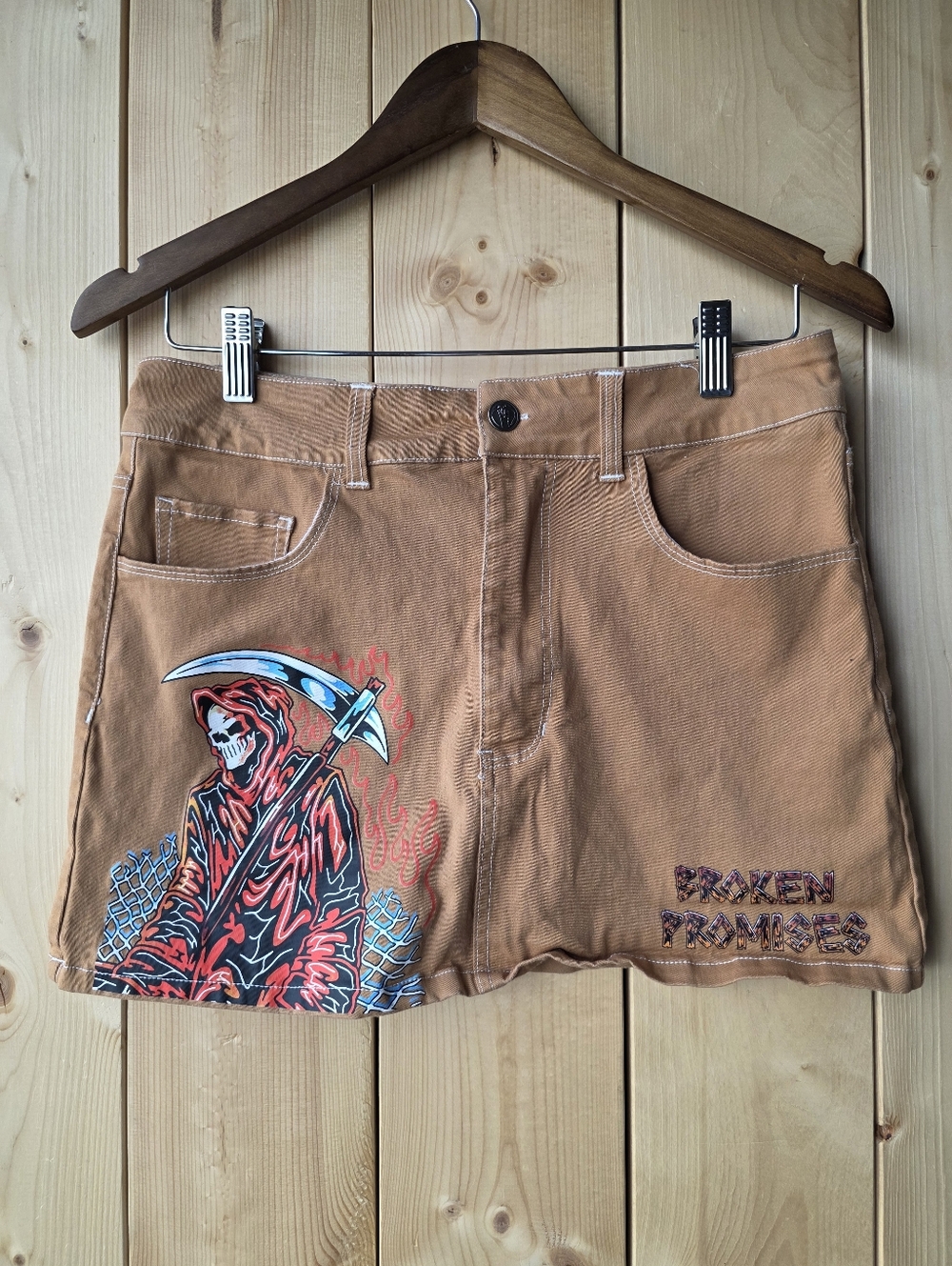 Broken Promises Wheelbarrow Brown Mini Skirt Skull Gream Reaper Size 6